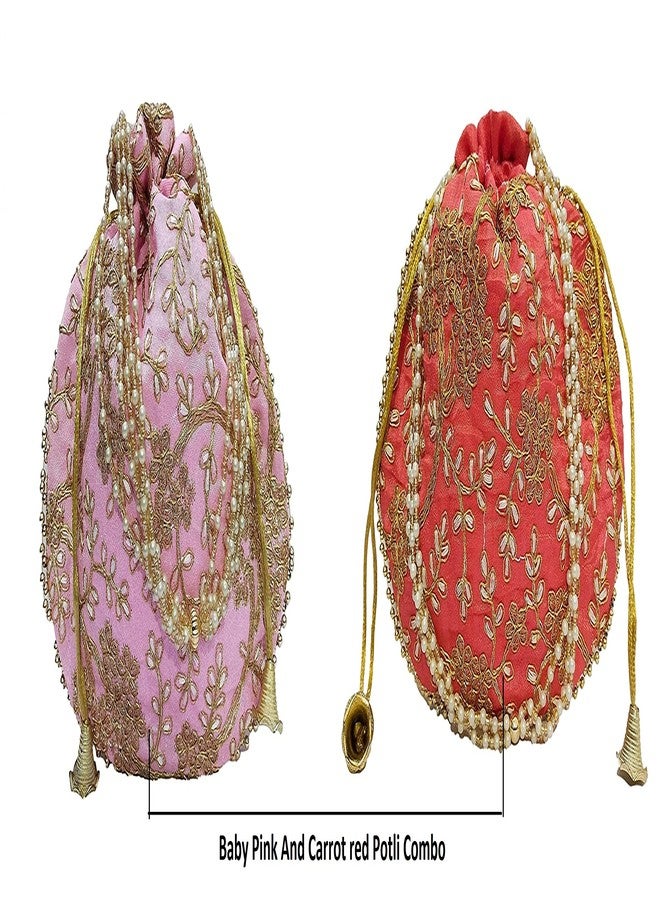 athizay حقيبة بوتلي من أثيزاي (عبوة من قطعتين) باللون الأحمر الجزر والوردي الفاتح، حقائب يد ماتكا للنساء والفتيات لحفلات الزفاف وهدايا التوزيع. - Image 5